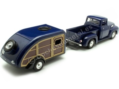 Cochesdemetal.es 1956 Ford F-100 Azul + Caravana Teardrop 1:24 Motor Max 73235 76083 2