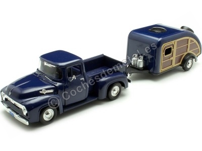 Cochesdemetal.es 1956 Ford F-100 Azul + Caravana Teardrop 1:24 Motor Max 73235 76083