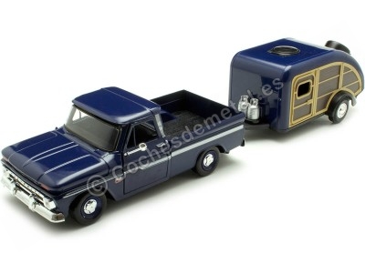 Cochesdemetal.es 1966 Chevrolet C10 Fleetside Azul + Caravana Teardrop 1:24 Motor Max 73355-76083