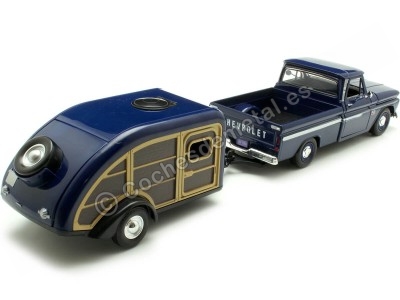 Cochesdemetal.es 1966 Chevrolet C10 Fleetside Azul + Caravana Teardrop 1:24 Motor Max 73355-76083 2