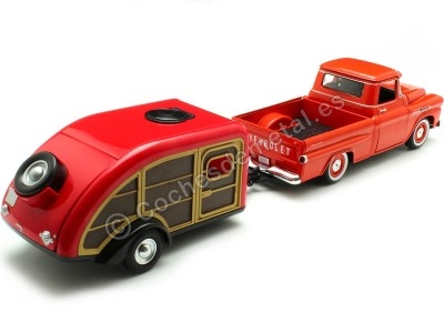 Cochesdemetal.es 1958 Chevrolet Apache Fleetline Rojo + Caravana Teardrop 1:24 Motor Max 79311-76083 2