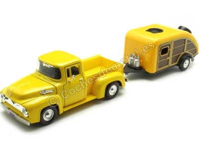 Cochesdemetal.es 1955 Ford F-100 Pickup + Caravana Teardrop 1:24 Motor Max 79341 76083