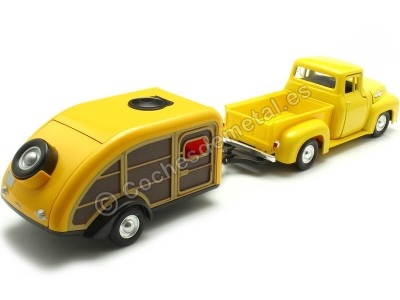 Cochesdemetal.es 1955 Ford F-100 Pickup + Caravana Teardrop 1:24 Motor Max 79341 76083 2