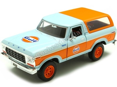 Cochesdemetal.es 1978 Ford Bronco Gulf Azul/Naranja Decorado 1:24 Motor Max 79662