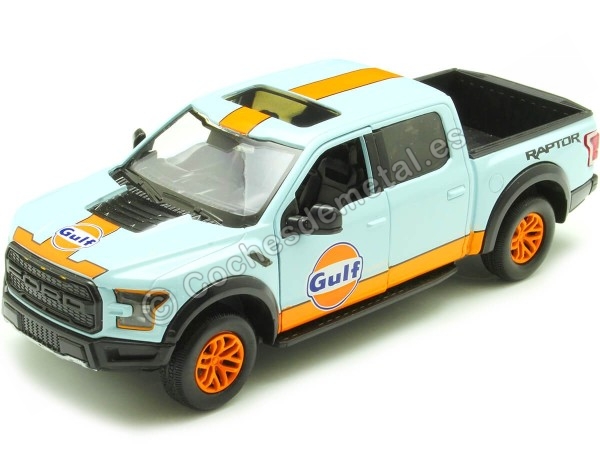 Cochesdemetal.es 2017 Ford F-150 Raptor Gulf Azul/Naranja Decorado 1:24 Motor Max 79665