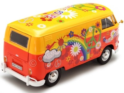 Cochesdemetal.es 1967 Volkswagen Type 2 T1 Panel Van Flower Power Naranja/Rojo Decorado 1:24 Motor Max 79563 2