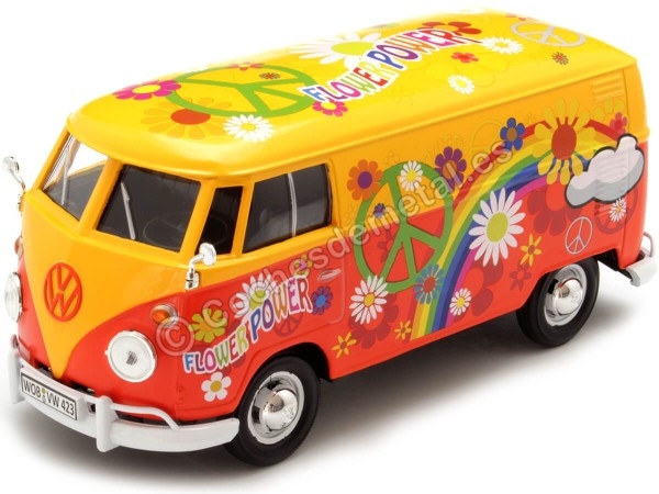 Cochesdemetal.es 1967 Volkswagen Type 2 T1 Panel Van Flower Power Naranja/Rojo Decorado 1:24 Motor Max 79563