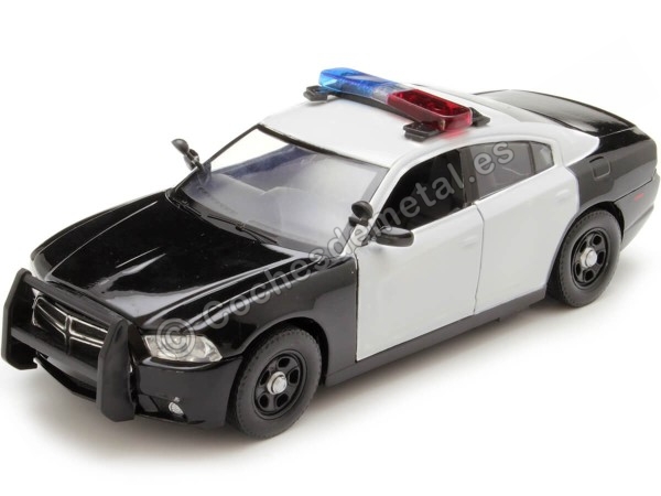 Cochesdemetal.es 2011 Dodge Charger Pursuit Con Luces y Sonido Negro/Blanco 1:24 Motor Max 79533