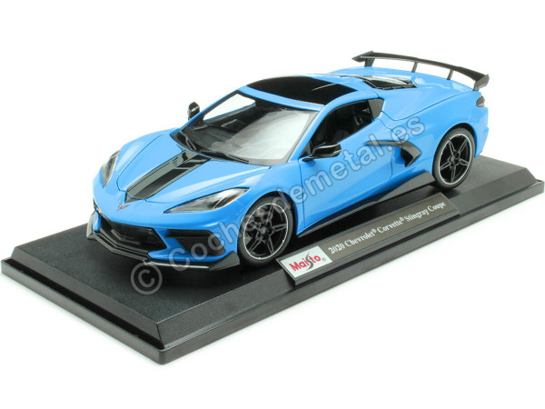 Cochesdemetal.es 2020 Chevrolet Corvette Stingray Coupé High Wing Azul Cian Decorado 1:18 MAISTO 31455AE