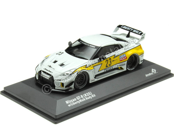 Cochesdemetal.es 2022 Nissan GT-R (R35) Liberty Walk Body Kit Blanco/Amarillo Decorado 1:43 Solido S4311208