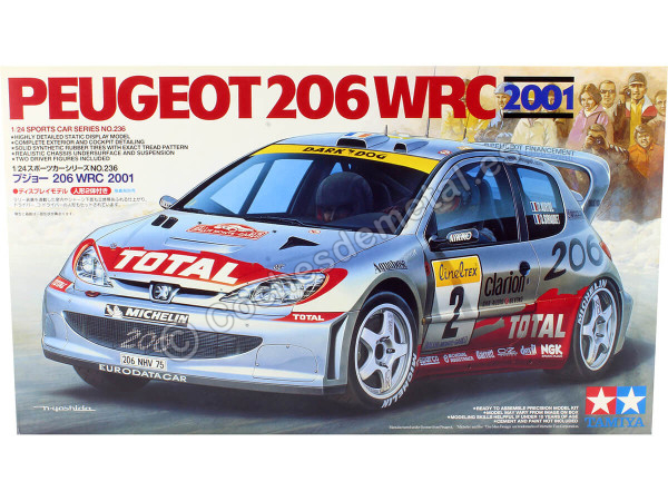 Cochesdemetal.es 2001 Peugeot 206 WRC "Plastic Model Kit" Plateado Decorado 1:24 Tamiya 24236