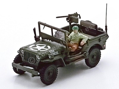 Cochesdemetal.es 1941 Jeep Willys 1-4 Ton Army Militar Truck "Abierto, Armado y con Soldado" Verde Caqui 1:43 Cararama 90141