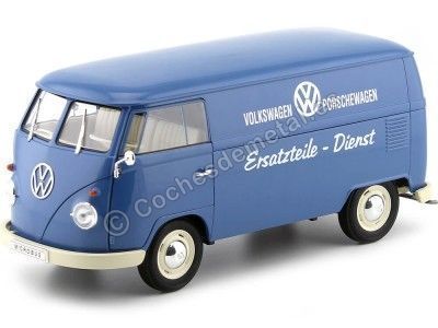 Cochesdemetal.es 1963 Volkswagen T1 Microbus Panel Van "Volkswagen Porschewagen" Azul 1:18 Welly 18053