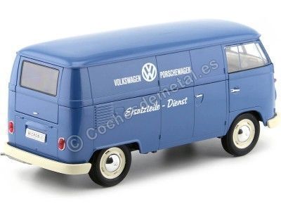 Cochesdemetal.es 1963 Volkswagen T1 Microbus Panel Van "Volkswagen Porschewagen" Azul 1:18 Welly 18053 2