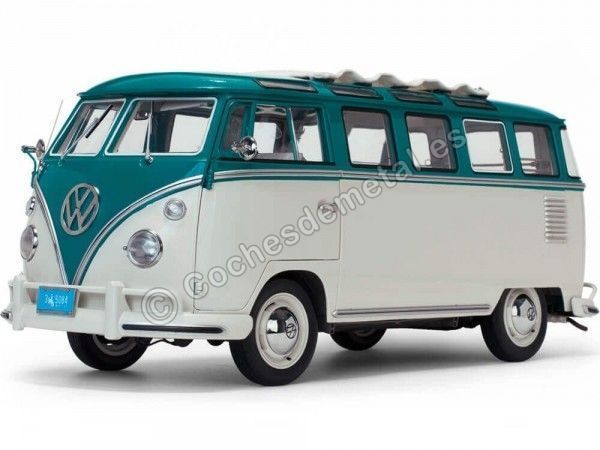 Cochesdemetal.es 1962 Volkswagen T1 Samba Bus Blue-Beige Grey 1:12 Sun Star 5084