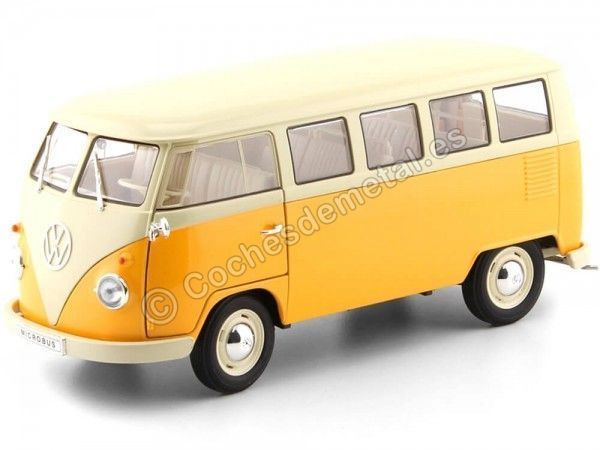 Cochesdemetal.es 1963 Volkswagen T1 Classical Microbus Amarillo-Beige 1:18 Welly 18054