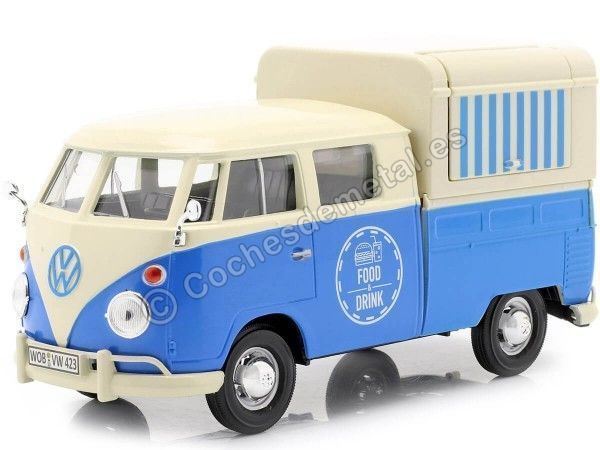 Cochesdemetal.es 1967 Volkswagen Type 2 T1 Pickup Food Truck Azul / Blanco 1:24 Motor Max 79576