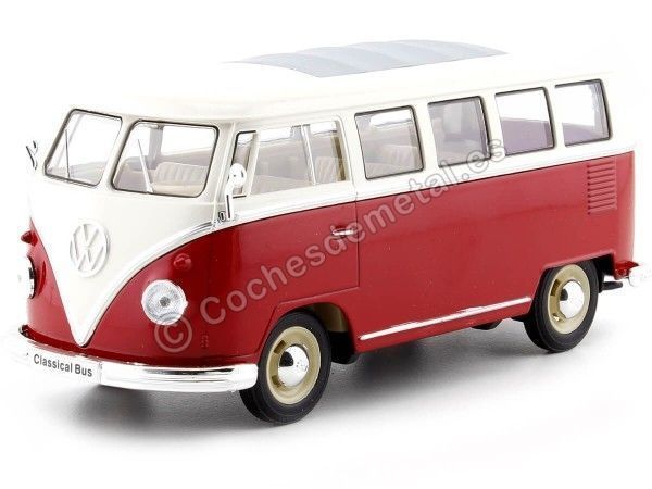 Cochesdemetal.es 1963 Volkswagen VW T1 Bus Rojo/Beige 1:24 Welly 22095