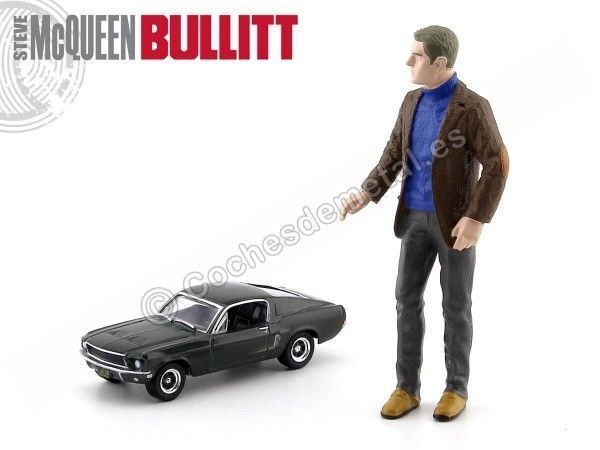 Cochesdemetal.es 1968 Ford Mustang GT Bullitt 1:64 + Steve McQeen Figure 1:18 Greenlight 29931