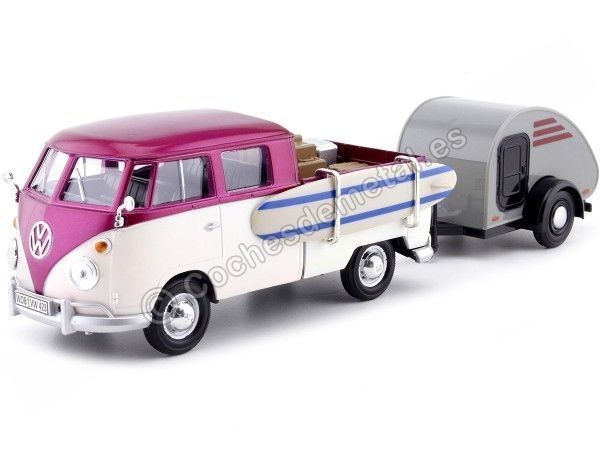 Cochesdemetal.es 1967 Volkswagen Type 2 (T1) Pickup "Set Semana en La Playa" Purple/Beige 1:24 Motor Max 79673