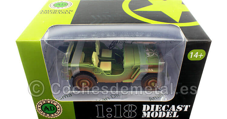 1944 Jeep Willys Policía Militar Versión Sucio Verde Caqui 1:18 American Diorama 77406A