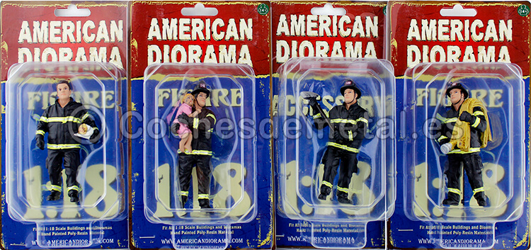 Set 4 Figuras de Resina Cuadrilla de Bomberos 1:18 American Diorama 77459 77460 77461 77462
