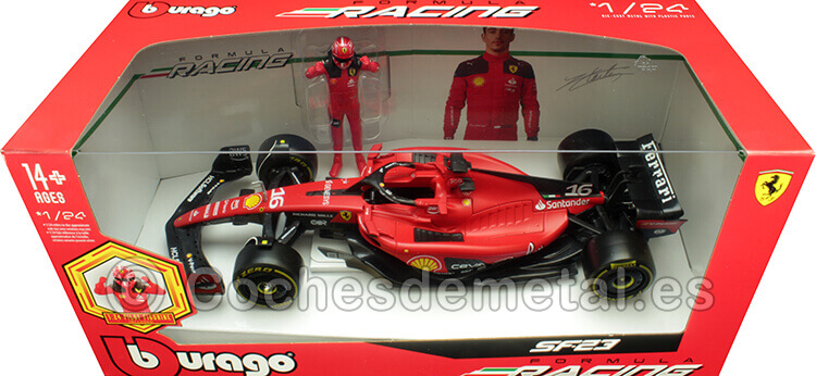 2023 Ferrari SF-23 Fórmula 1 Nº16 Charles Leclerc + Figura del Piloto 1:24 Bburago 26809L