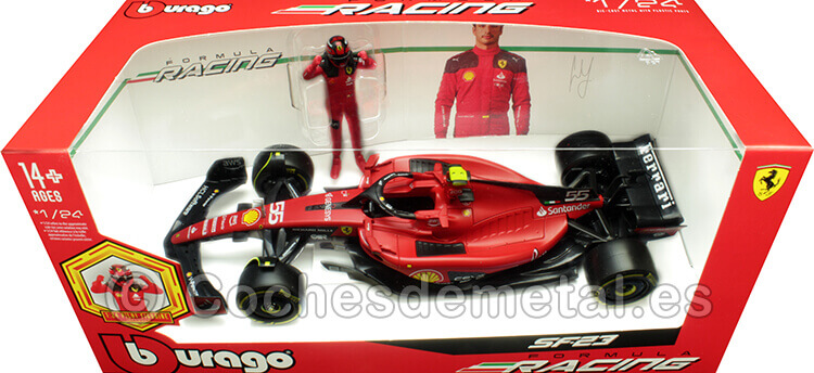 2023 Ferrari SF-23 Fórmula 1 Nº55 Carlos Sainz + Figura del Piloto 1:24 Bburago 26809