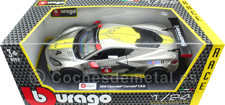 2020 Chevrolet Corvette C8.R 6.2L V8 Nº4 Presentation Car Plateado/Amarillo 1:24 Bburago 18-28024