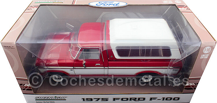 1975 Ford F-100 Pickup con Cubierta Deluxe Rojo/Blanco 1:18 Greenlight 13620