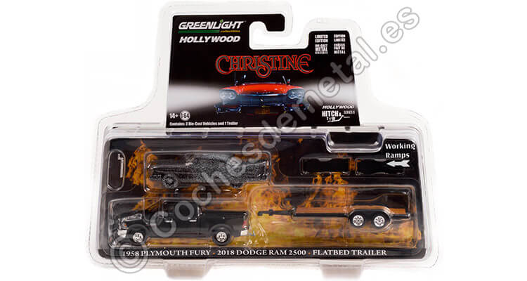 1958 Plymouth Fury Chamuscado + 2018 Dodge Ram 2500 + Remolque Christine Hollywood Hitch&Tow Series 9 1:64 Greenlight 31120B