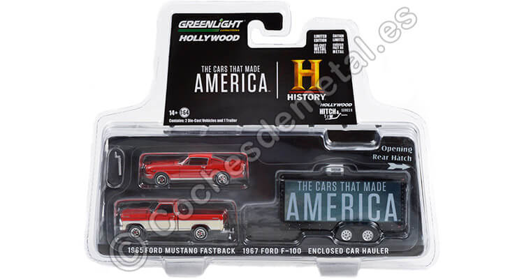 1965 Ford Mustang + 1967 Ford F-100 + Remolque Canal Historia Hollywood Hitch&Tow Series 9 1:64 Greenlight 31120C