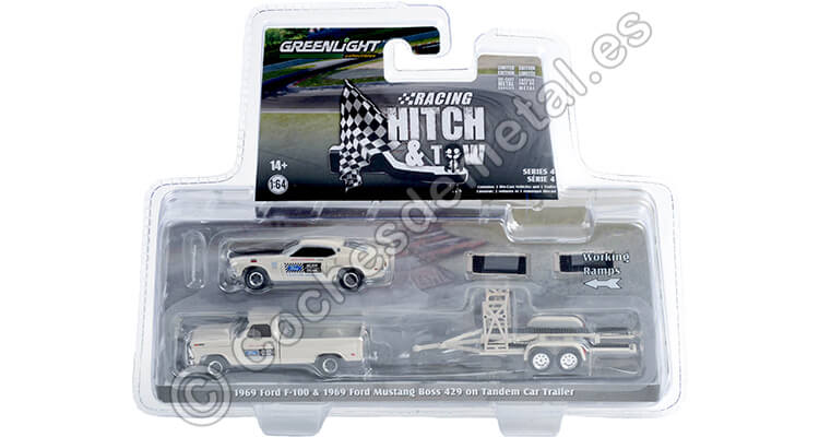 1969 Ford F-100 + 1969 Ford Mustang Boss 429 + Remolque Racing Hitch & Tow Series 4 1:64 Greenlight 31140B