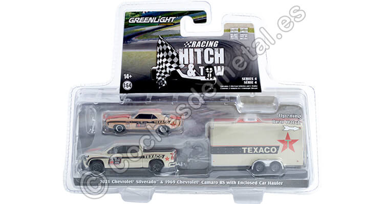 2021 Chevrolet Silverado + 1969 Chevrolet Camaro + Remolque Cerrado Racing Hitch & Tow Series 4 1:64 Greenlight 31140C