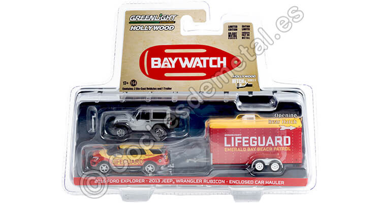 2016 Ford Explorer + 2013 Jeep Wrangler + Remolque Baywatch Hollywood Hitch & Tow Series 11 1:64 Greenlight 31150B
