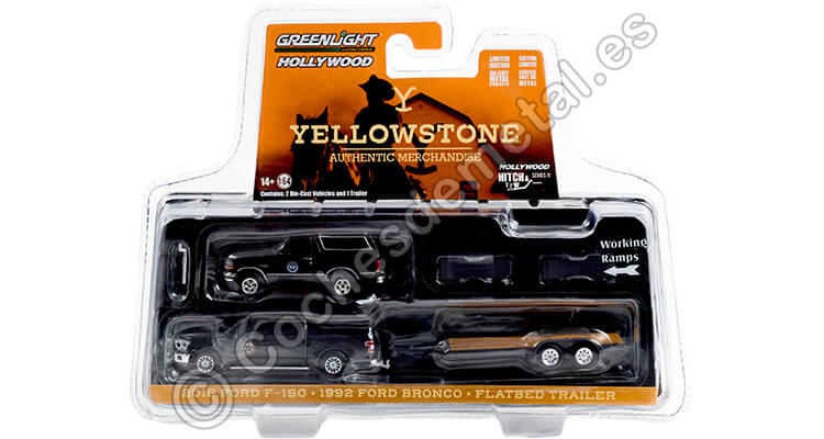 2018 Ford F-150 + 1992 Ford Bronco + Remolque Yellowstone Hollywood Hitch & Tow Series 11 1:64 Greenlight 31150C
