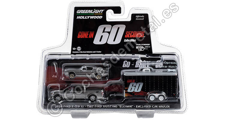 22020 Ford F-150 XL + 1967 Ford Mustang Eleanor + Remolque 60 Segundos Hollywood Hitch&Tow Series 12 1:64 Greenlight 31160A