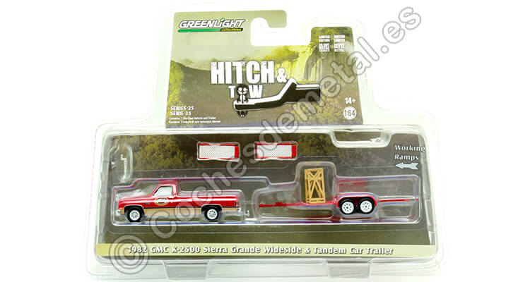 1982 GMC K-2500 Sierra Grande + Remolque de Vehículos The Busted Knuckle Hitch & Tow Series 25 1:64 Greenlight 32250B