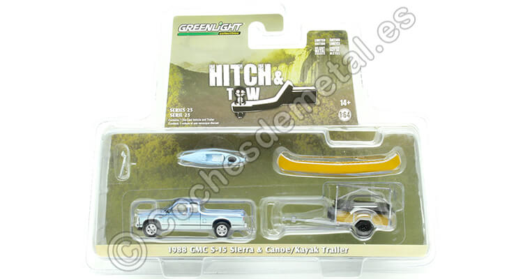 1988 GMC S-15 Sierra + Remolque con Canoa y Kayac Hitch & Tow Series 25 1:64 Greenlight 32250C