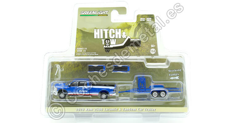 2020 Dodge Ram 2500 Laramie + Remolque de Vehículos Mopar Hitch & Tow Series 25 Verde 1:64 Greenlight 32250D