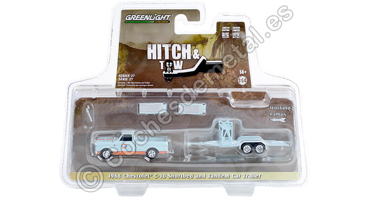 1968 Chevrolet C/K Shortbed Gulf Oil + Remolque Gulf Oil Hitch & Tow Series 27 1:64 Greenlight 32270A
