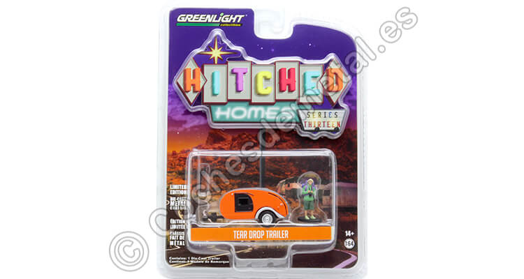 1956 Caravana Teardrop Trailer + Mochilero Hitched Homes Series 13 Plateado Naranja 1:64 Greenlight 34130F