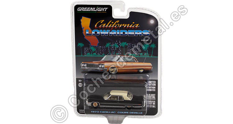 1973 Cadillac Coupe deVille in Black with Gold Wheels California Lowriders Series 1 1:64 Greenlight 63010E