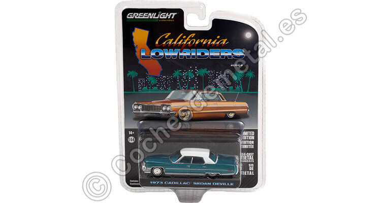 1973 Cadillac Sedan deVille in Teal with White Roof California Lowriders Series 1 1:64 Greenlight 63010F