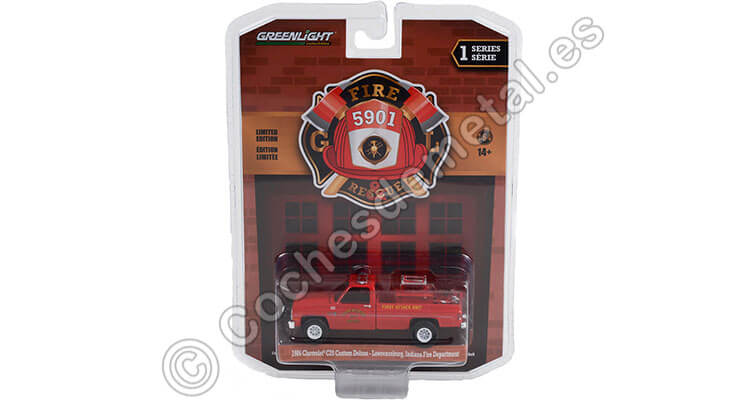 1986 Chevrolet C20 Custom Pickup Truck Bomberos de Indiana Fire & Rescue Series 1 1:64 Greenlight 67010A