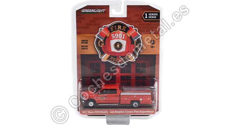 2017 Dodge Ram 3500 Dually Truck Red Bomberos de Los Angeles Fire & Rescue Series 1 1:64 Greenlight 67010E