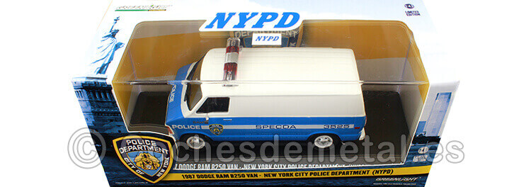 1987 Dodge Ram B250 Van Policía de Nueva York Blanco/Azul 1:43 Greenlight 86577