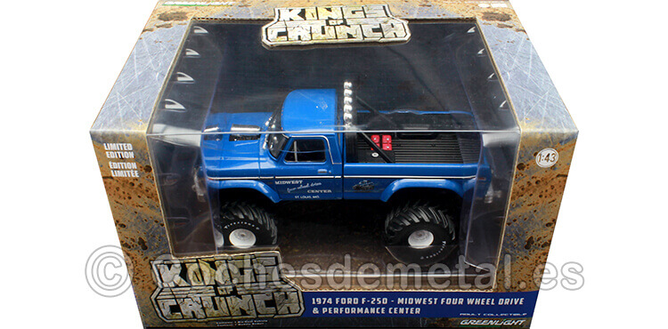 1974 Ford F-250 Monster Truck Midwest Four Wheel Drive & Performance Centre Kings of Crunch Azul 1:43 Greenlight 88031
