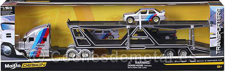 2020 Camión Mack Anthem con Trailer Portacoches + 1988 BMW Serie 3 M3 1:64 Maisto Design 11454-02