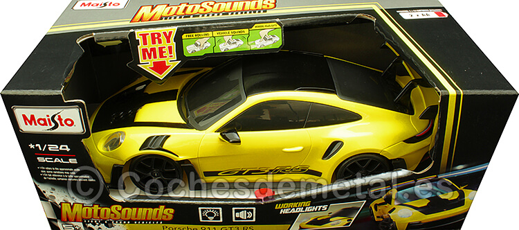 2022 Porsche 911 (992) GT3 RS Coupé Amarillo + Luces y Efectos de Sonido 1:24 Maisto 81733